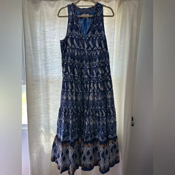 anthropologie blue motif dress Anthropologie Tiered Abstract Maxi Dress; Blue Motif; Large